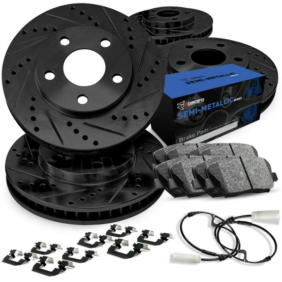 R1 Concepts Front Rear Brakes and Rotors Kit |Front Rear Brake Pads| Brake Rotors and Pads| Optimum OEp Brake Pads and Rotors |Hardware and Sensor Kit|fits 1990-1992 Mercedes-Benz 300TE