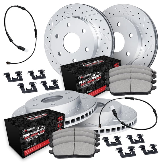 R1 Concepts Drilled and Slotted Carbon Coated Disc Brake Rotor Set with Off-Road/Tow Brake Pads, Sensor, and Hardware WBVS2-47001