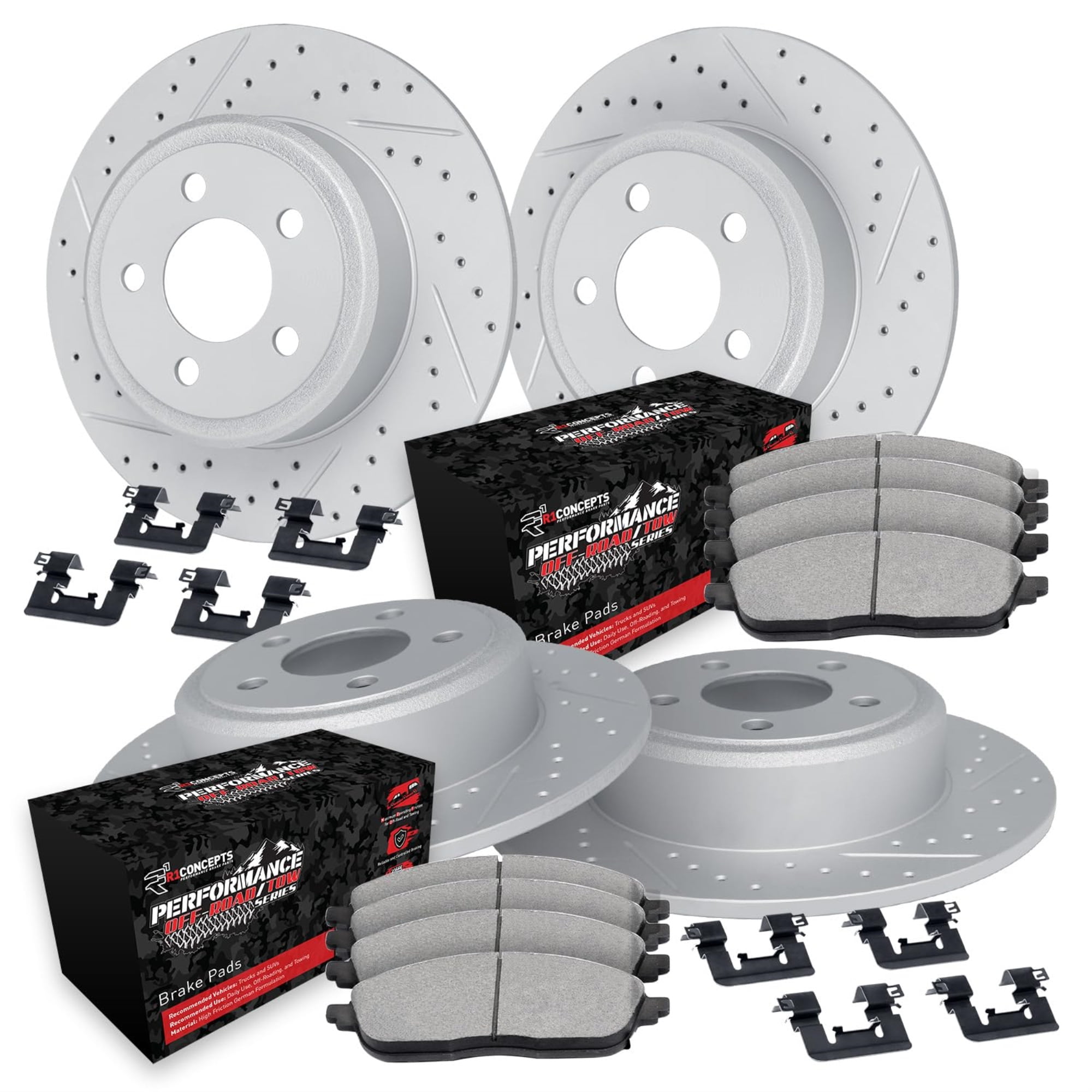 R1 Concepts Drilled and Slotted Carbon Coated Disc Brake Rotor Set with Off-Road/Tow Brake Pads and Hardware WBVH2-42004
