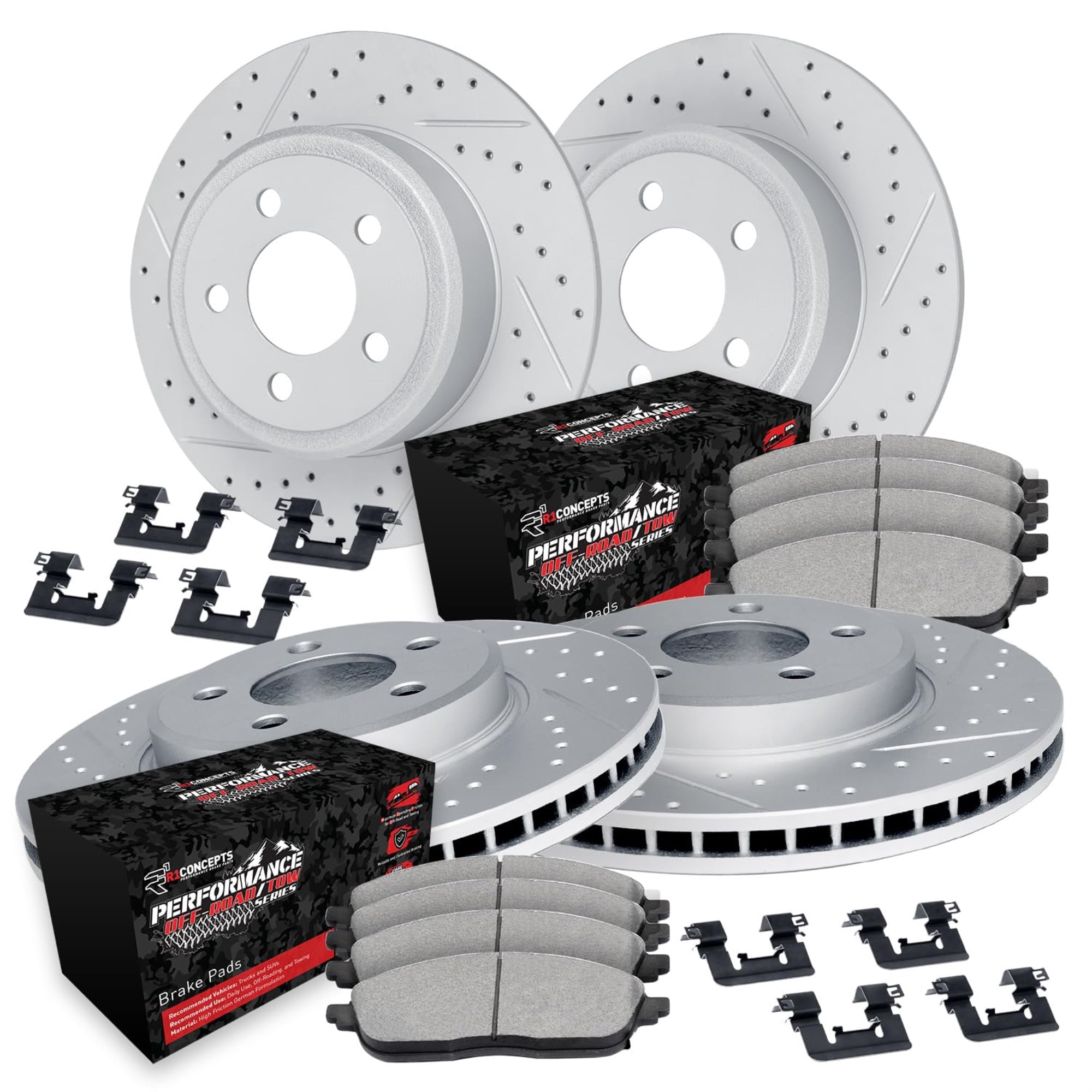 R1 Concepts Drilled and Slotted Carbon Coated Disc Brake Rotor Set with Off-Road/Tow Brake Pads and Hardware WBVH2-42015