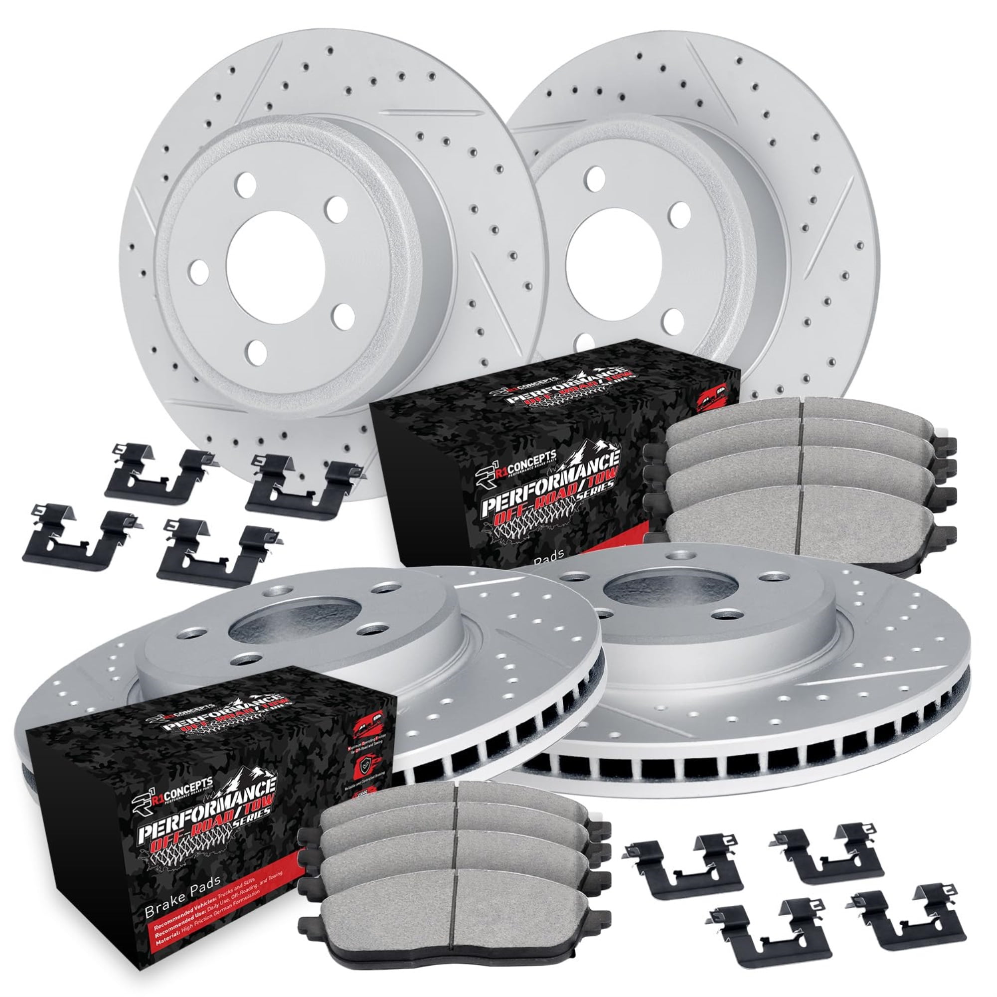 R1 Concepts Drilled and Slotted Carbon Coated Disc Brake Rotor Set with Off-Road/Tow Brake Pads and Hardware WBVH2-54005