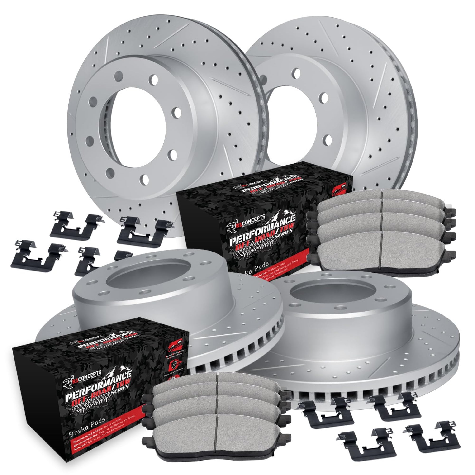 R1 Concepts Drilled and Slotted Carbon Coated Disc Brake Rotor Set with Off-Road/Tow Brake Pads and Hardware WBVH2-54031