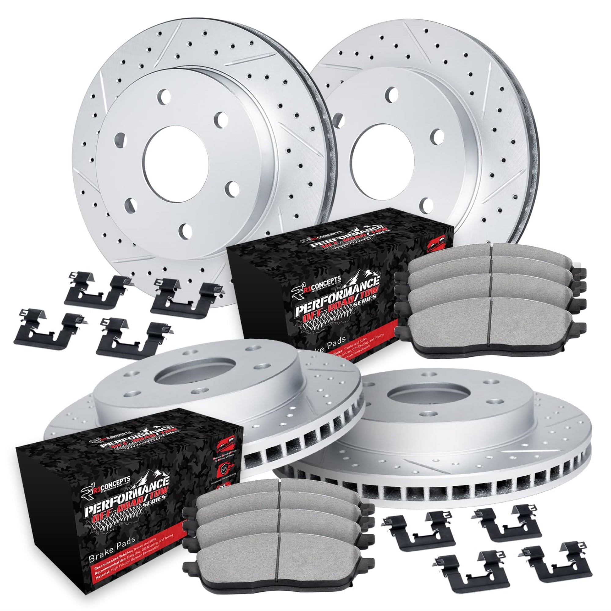 R1 Concepts Drilled and Slotted Carbon Coated Disc Brake Rotor Set with Off-Road/Tow Brake Pads and Hardware WBVH2-54041
