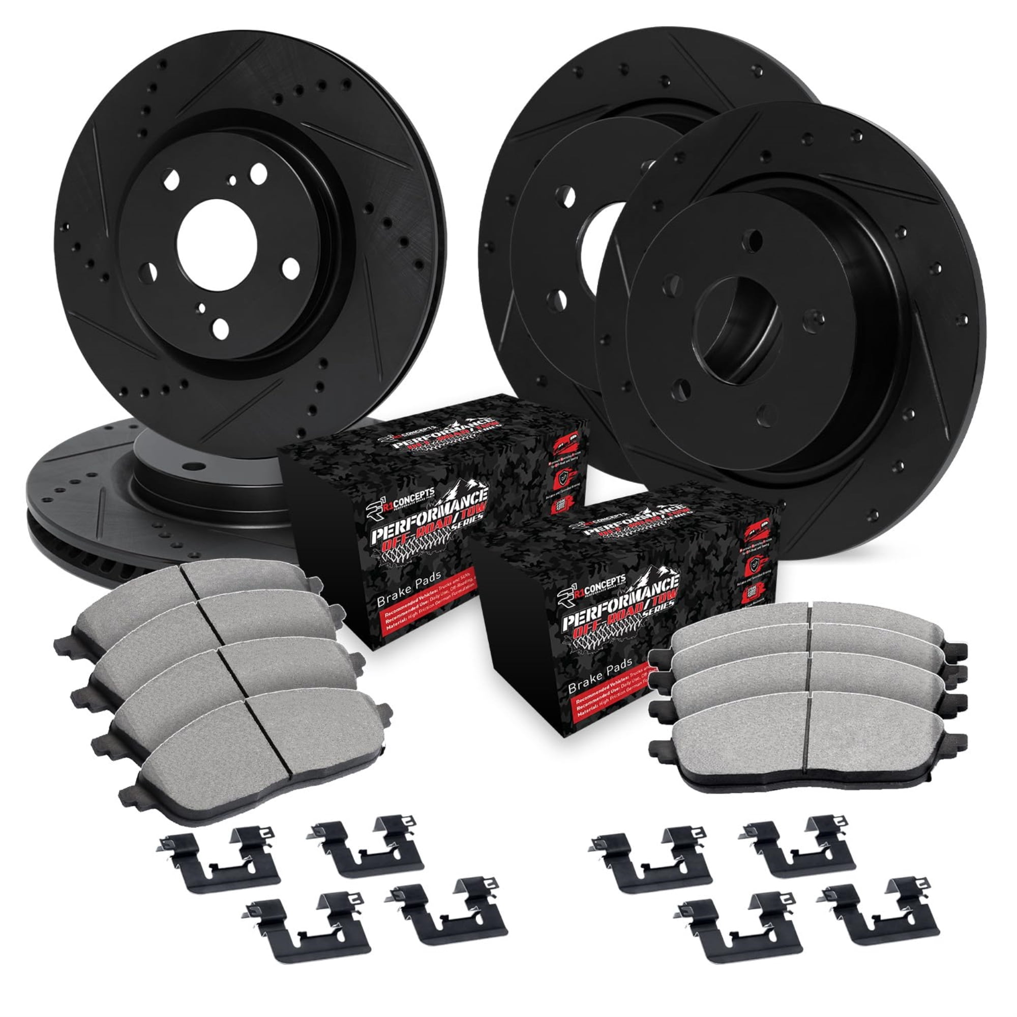 R1 Concepts Drilled and Slotted Black Disc Brake Rotor Set with Off-Road/Tow Brake Pads and Hardware WHVH2-42017