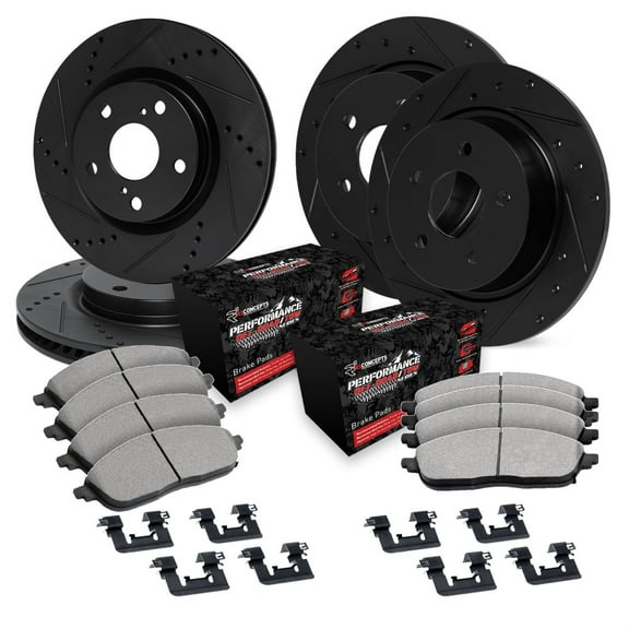 R1 Concepts Drilled and Slotted Black Disc Brake Rotor Set with Off-Road/Tow Brake Pads and Hardware WHVH2-42017
