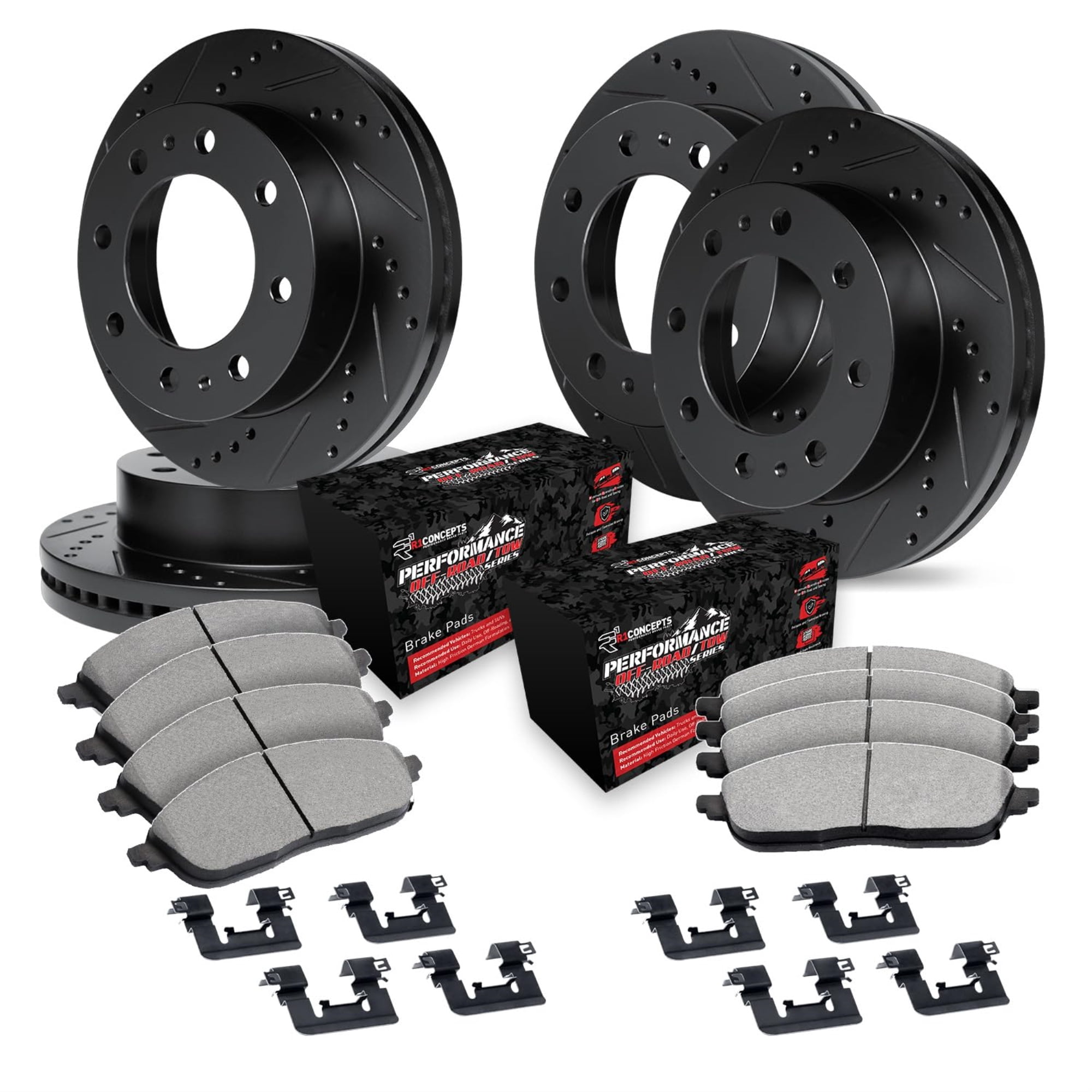 R1 Concepts Drilled and Slotted Black Disc Brake Rotor Set with Off-Road/Tow Brake Pads and Hardware WHVH2-54022
