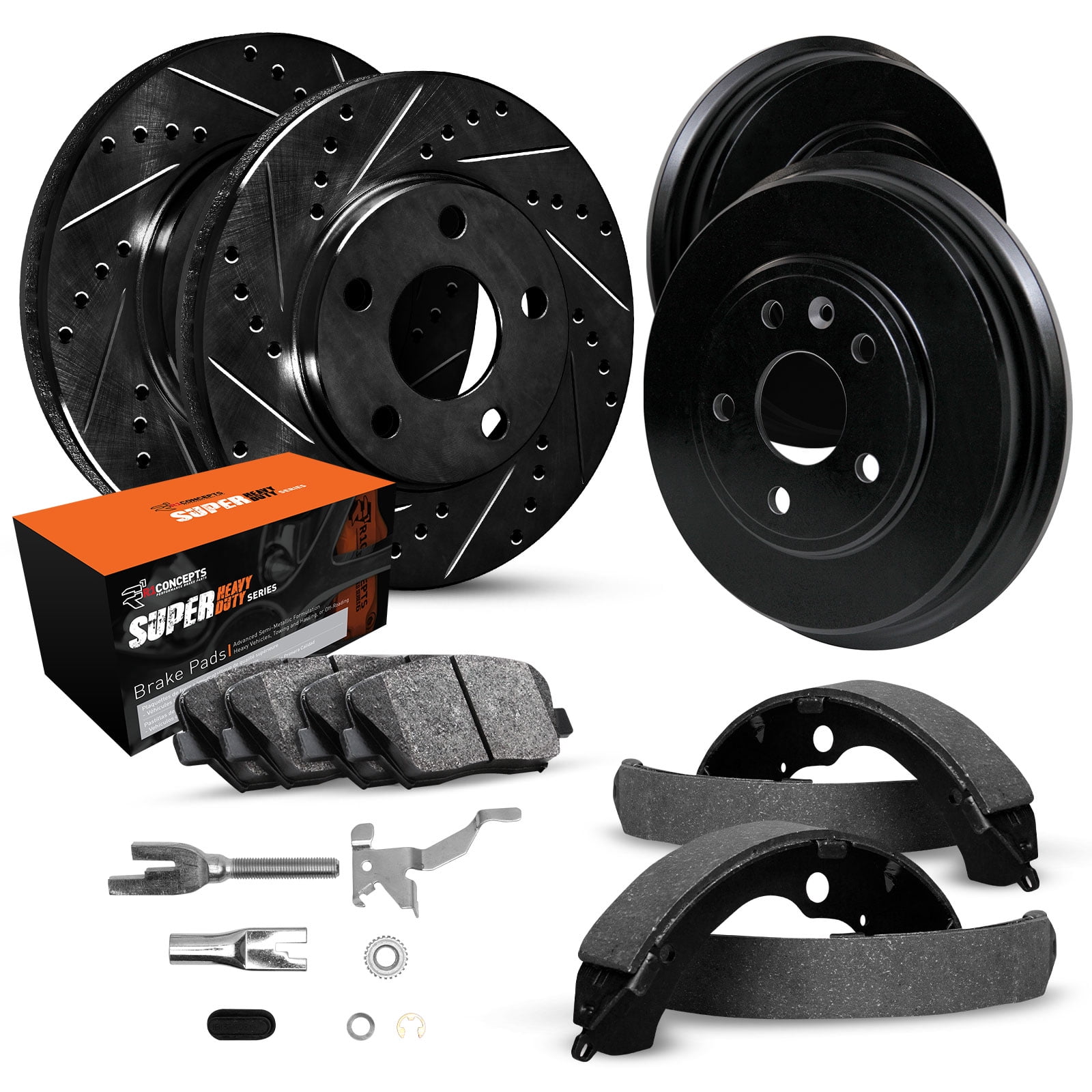 R1 Concepts Front Rear Brakes and Rotors Kit |Front Rear Brake Pads| Brake Rotors and Pads| Super Duty Brake Pads and Rotors | Brake Drums and Adjusters WHXE2-48001