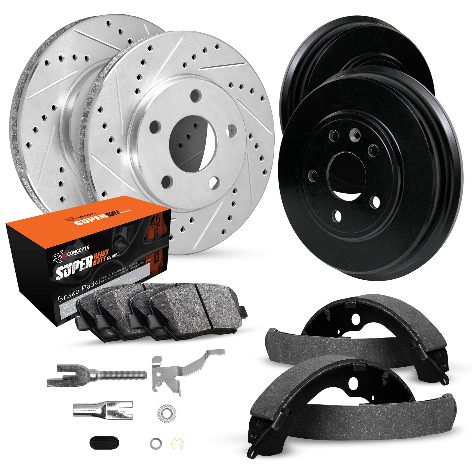 R1 Concepts WGXE2-40001 Front Rear Brakes and Rotors Kit Super Duty Brake Pads , 2 Rotors, 2 Drums, Brake shoes, Adjusters, Hardware included