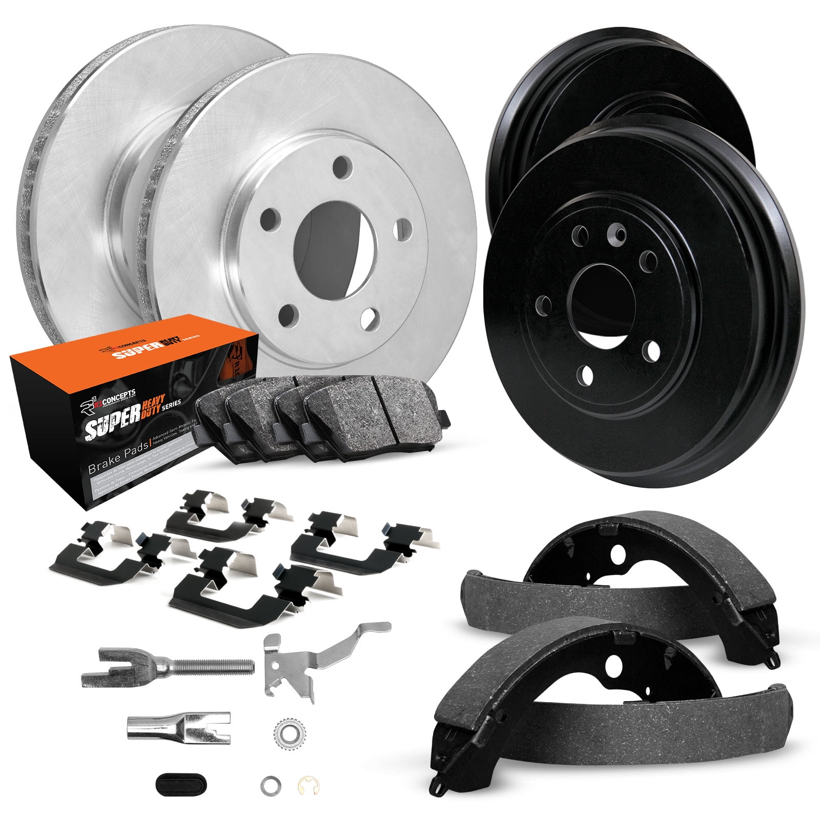 R1 Concepts WFXA2-48373 Front Rear Brakes and Rotors Kit Super Duty Brake Pads , 2 Rotors, 2 Drums, Brake shoes, Adjusters, Hardware included