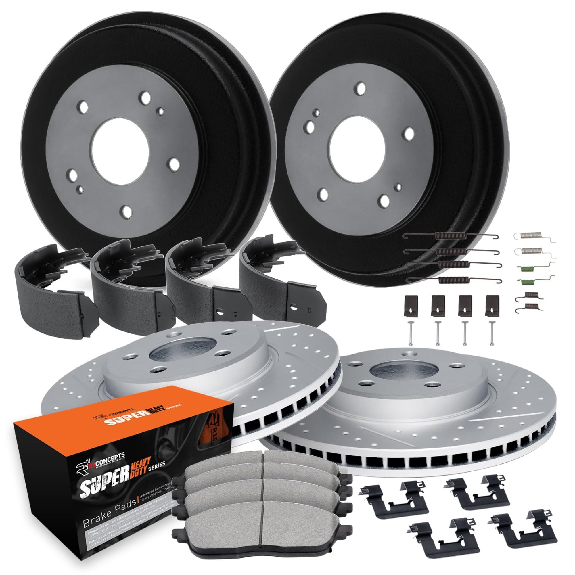 R1 Concepts Drilled and Slotted Carbon Coated Disc Brake Rotor and Drum Set with Super Duty Pads, Shoes, Adjuster, and Hardware WBXA2-42009