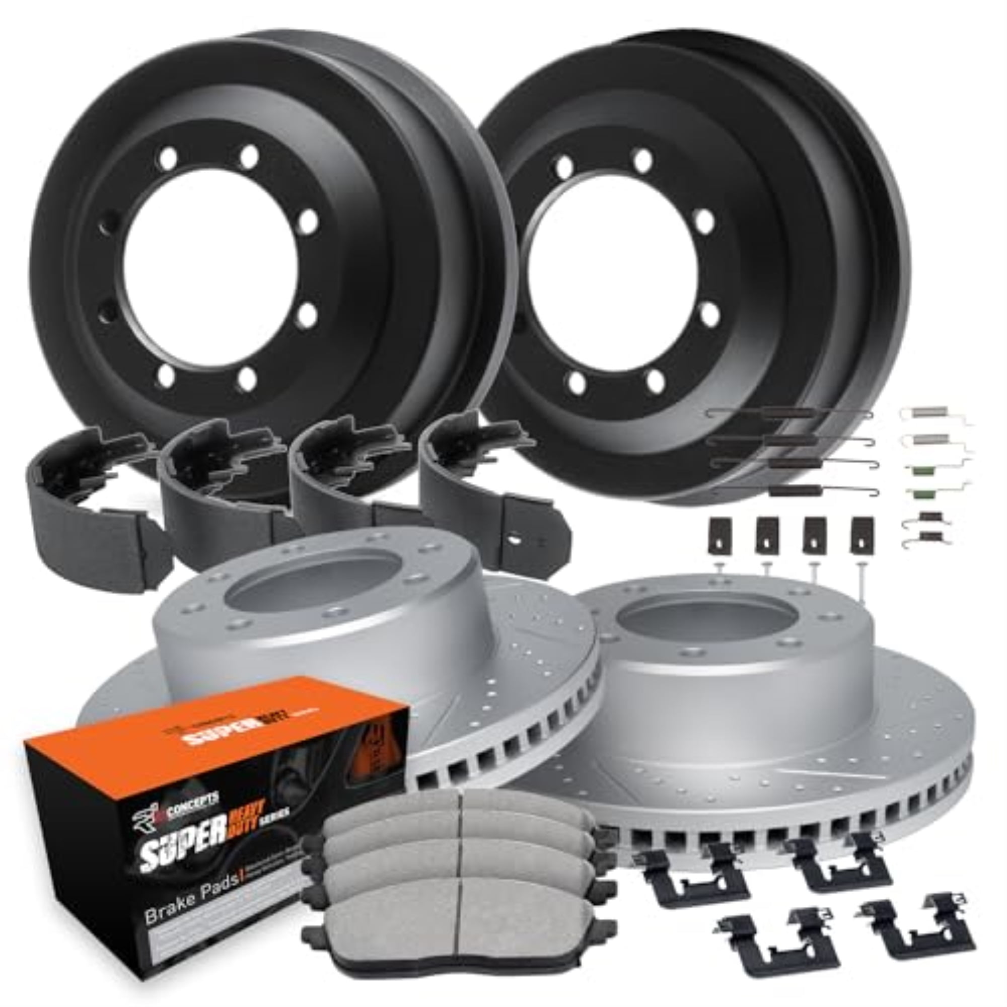 R1 Concepts Drilled and Slotted Carbon Coated Disc Brake Rotor and Drum Set with Super Duty Pads, Shoes, Adjuster, and Hardware WBXA2-48014