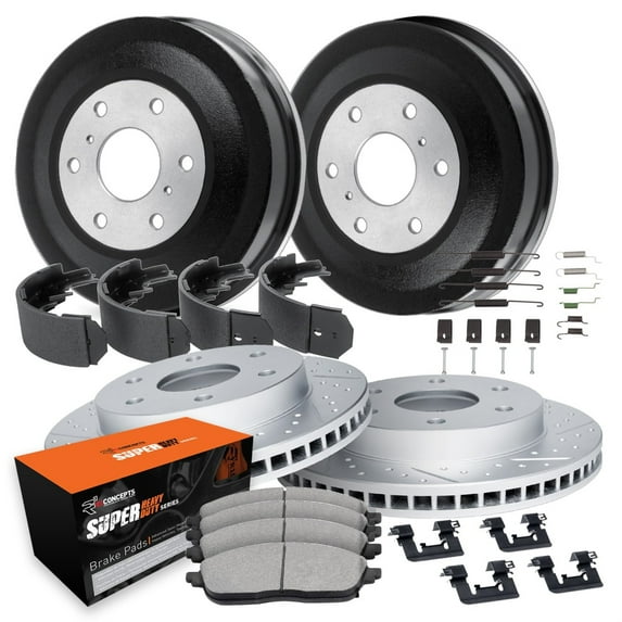 R1 Concepts Drilled and Slotted Carbon Coated Disc Brake Rotor and Drum Set with Super Duty Pads, Shoes, Adjuster, and Hardware WBXA2-48003