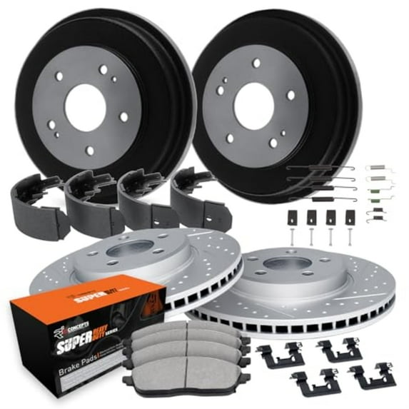 R1 Concepts Drilled and Slotted Carbon Coated Disc Brake Rotor and Drum Set with Super Duty Pads, Shoes, Adjuster, and Hardware WBXA2-48038