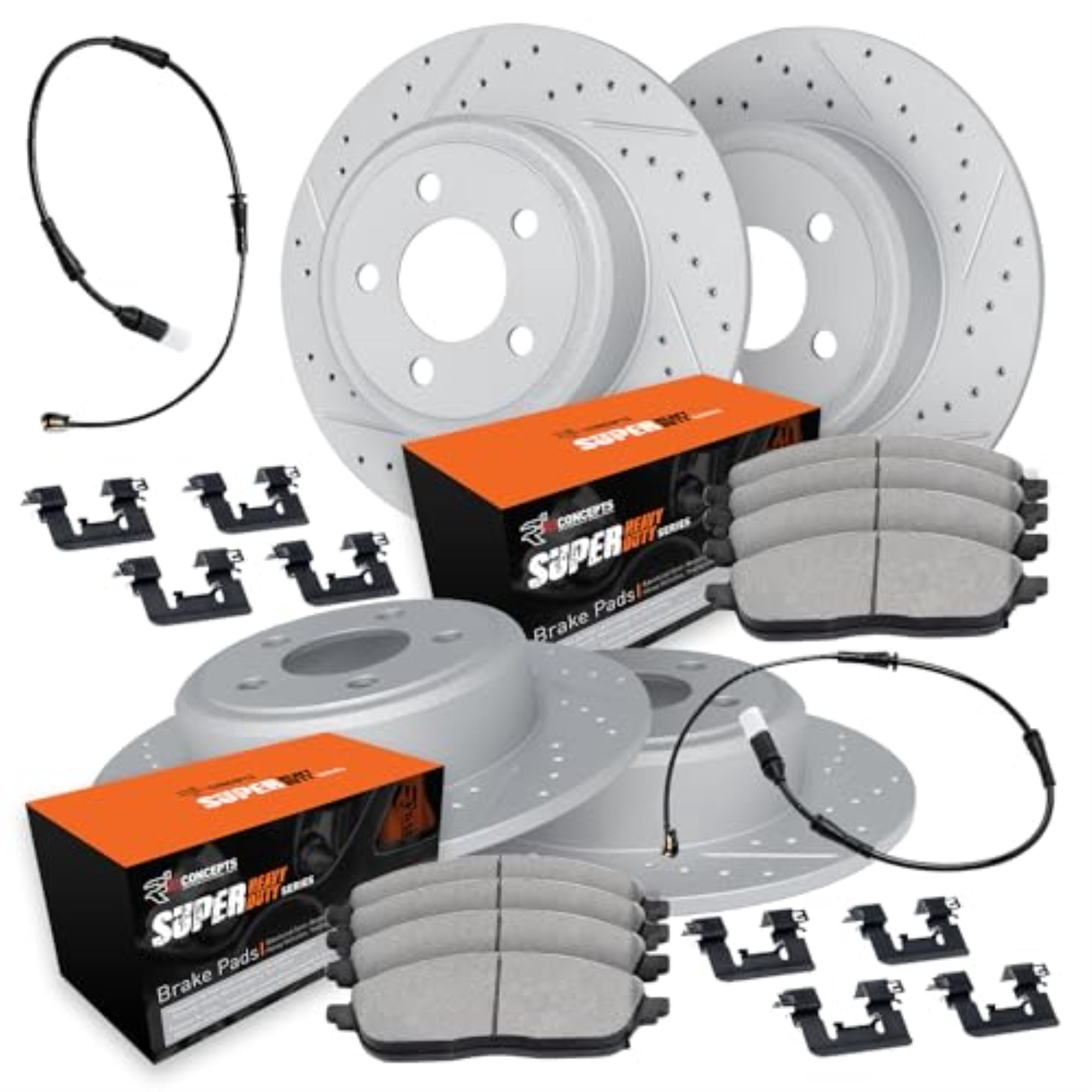 R1 Concepts Drilled and Slotted Carbon Coated Disc Brake Rotor Set with Super Duty Pads, Sensor, and Hardware WBXS2-40006