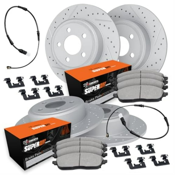 R1 Concepts Drilled and Slotted Carbon Coated Disc Brake Rotor Set with Super Duty Pads, Sensor, and Hardware WBXS2-40006