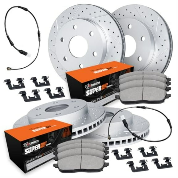R1 Concepts Drilled and Slotted Carbon Coated Disc Brake Rotor Set with Super Duty Pads, Sensor, and Hardware WBXS2-40010