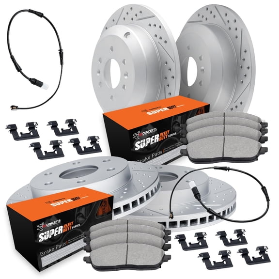 R1 Concepts Drilled and Slotted Carbon Coated Disc Brake Rotor Set with Super Duty Pads, Sensor, and Hardware WBXS2-40013