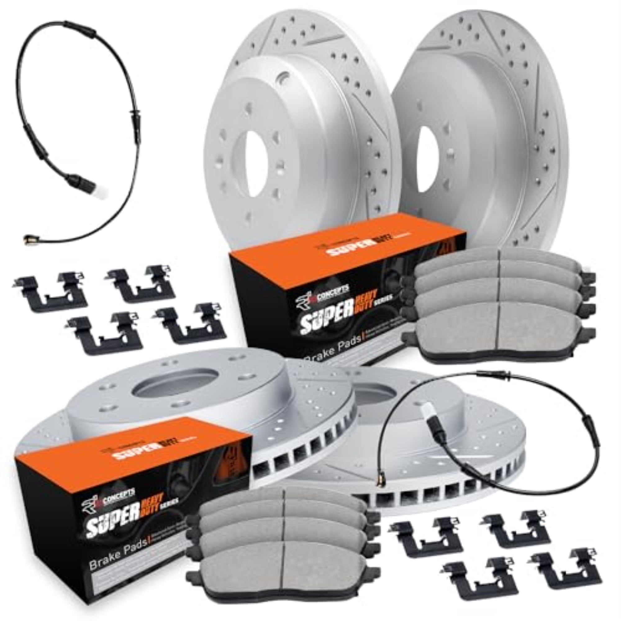 R1 Concepts Drilled and Slotted Carbon Coated Disc Brake Rotor Set with Super Duty Pads, Sensor, and Hardware WBXS2-40014