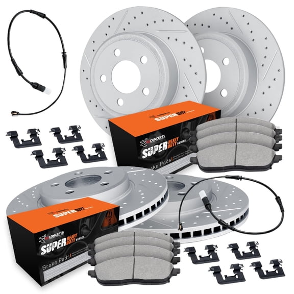 R1 Concepts Drilled and Slotted Carbon Coated Disc Brake Rotor Set with Super Duty Pads, Sensor, and Hardware WBXS2-99001
