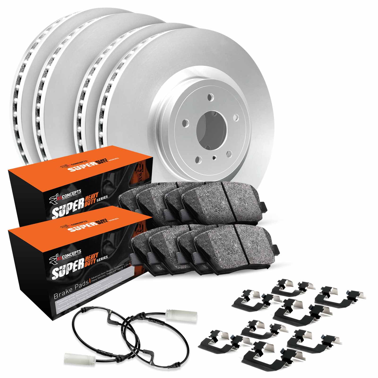 R1 Concepts Front Rear Brakes and Rotors Kit |Front Rear Brake Pads| Brake Rotors and Pads| Super Duty Brake Pads and Rotors| Hardware Kit and Sensor WDXS2-40013