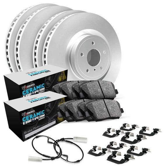 R1 Concepts Front Rear Brakes and Rotors Kit |Front Rear Brake pads| Brake Rotors and Pads| Euro Ceramic Brake Pads and Rotors |Hardware Kit |Sensor WDTS2-10199