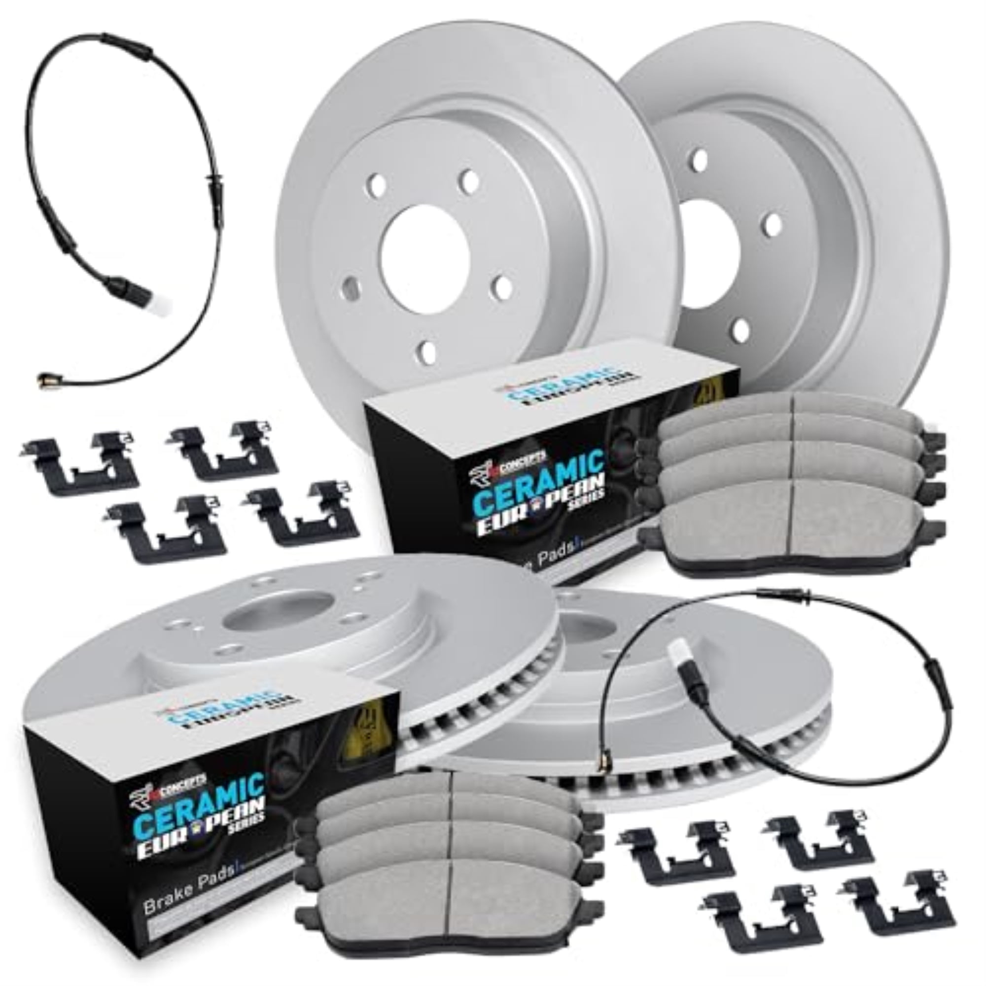 R1 Concepts Carbon Coated Disc Brake Rotor Set with Euro Ceramic Pads, Sensor, and Hardware WDTS2-11643