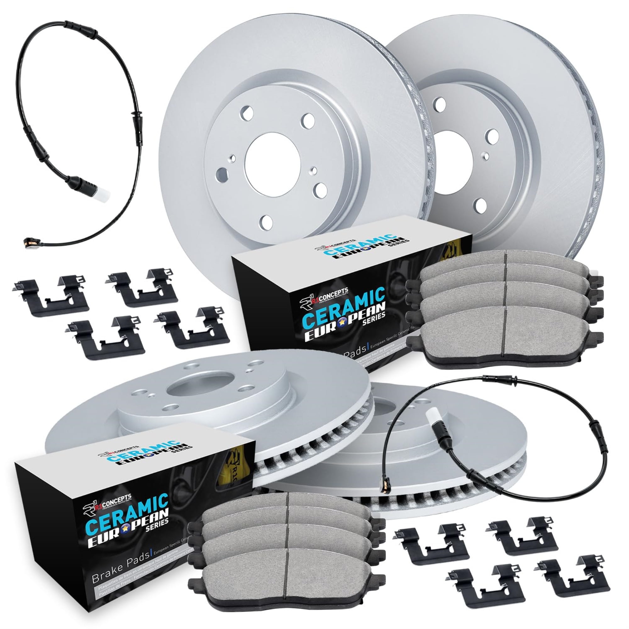 R1 Concepts Carbon Coated Disc Brake Rotor Set with Euro Ceramic Pads, Sensor, and Hardware WDTS2-12466