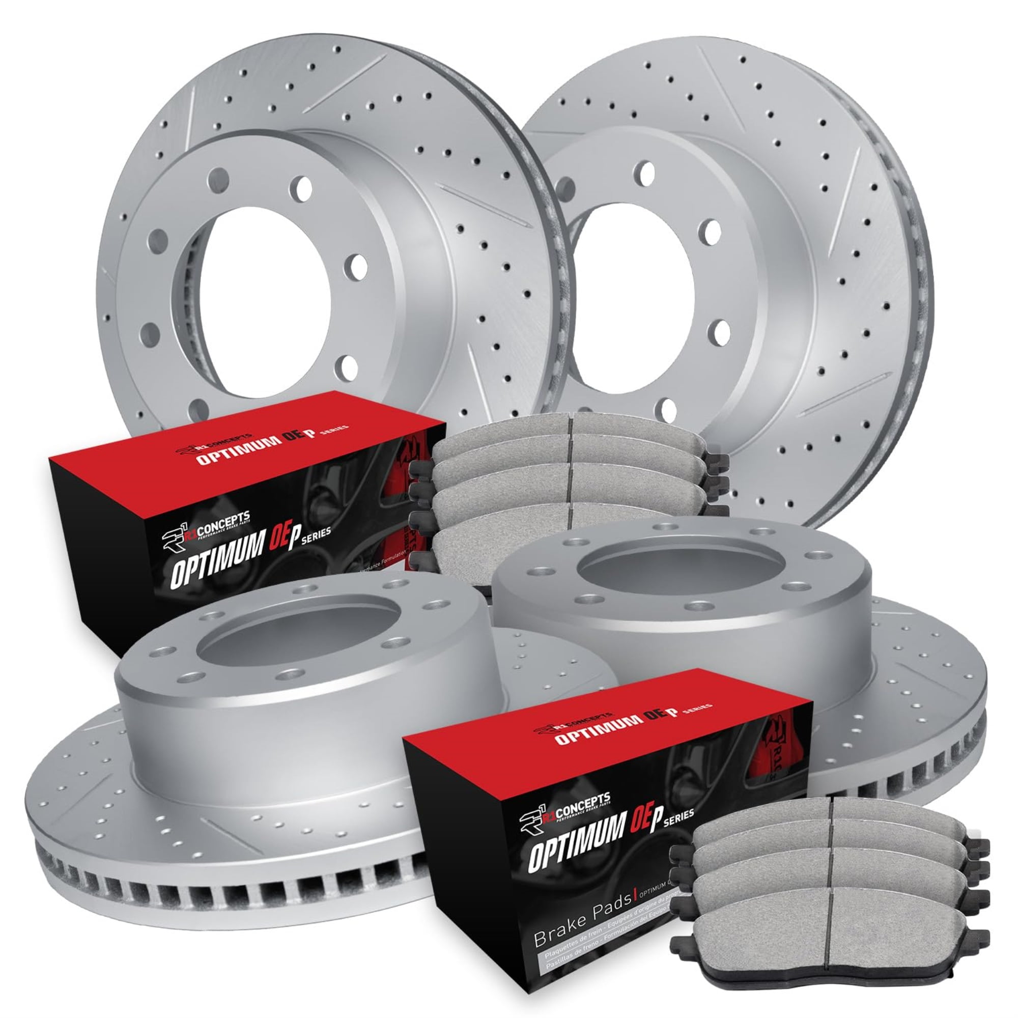 R1 Concepts Drilled and Slotted Carbon Coated Disc Brake Rotor Set with Optimum Oe Pads WBUN2-54228