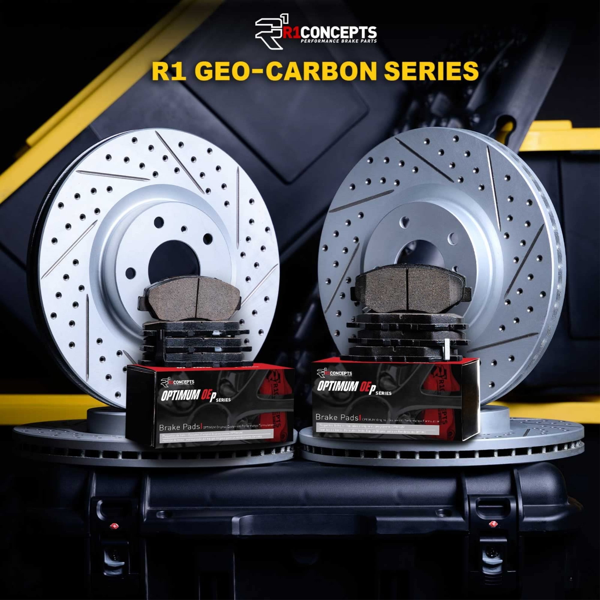 R1 Concepts Drilled and Slotted Carbon Coated Disc Brake Rotor Set with Optimum Oe Pads WBUN2-54279