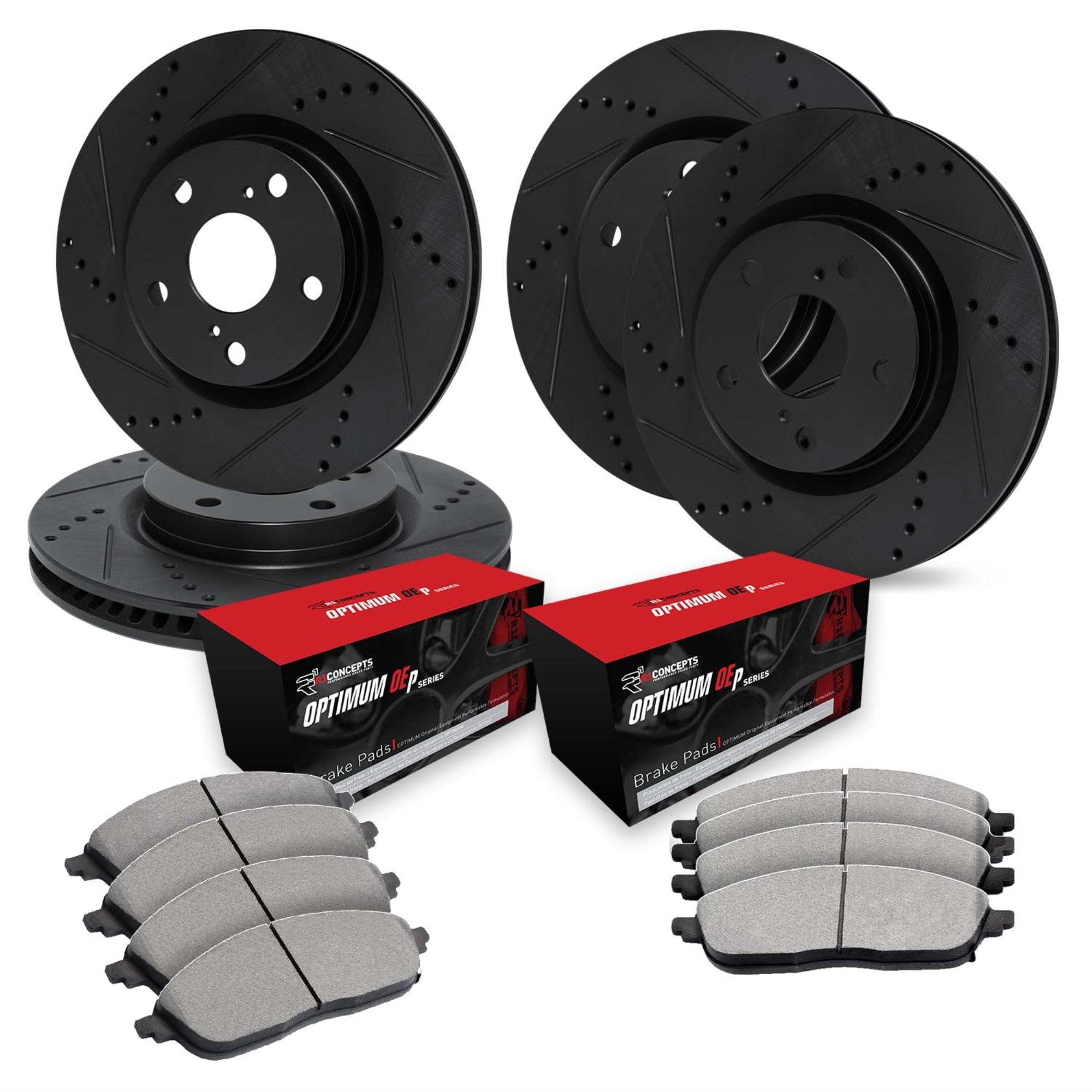 R1 Concepts Drilled and Slotted Black Disc Brake Rotor Set with Optimum Oe Pads WHUN2-20011