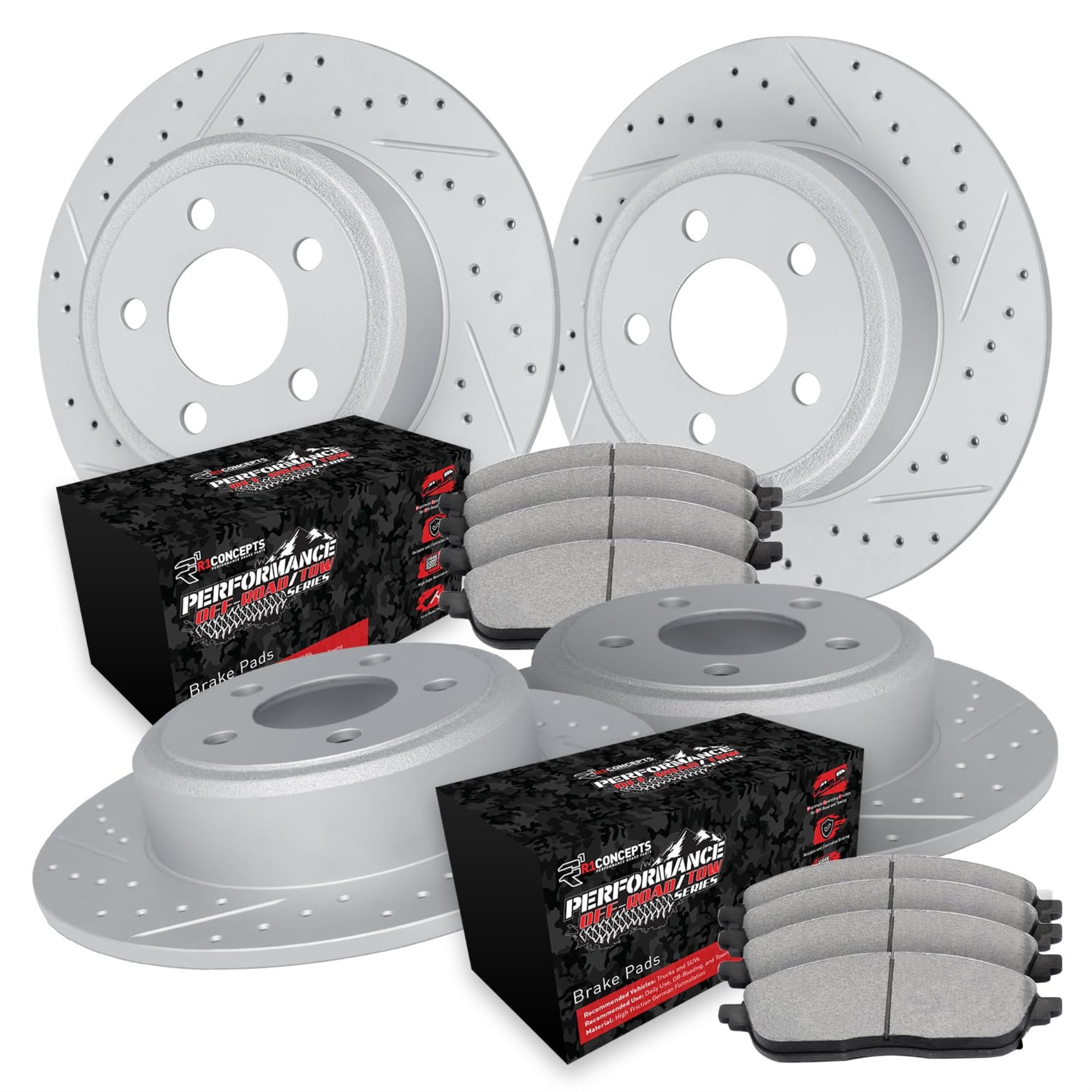 R1 Concepts Drilled and Slotted Carbon Coated Disc Brake Rotor Set with Off-Road/Tow Brake Pads WBVN2-26001