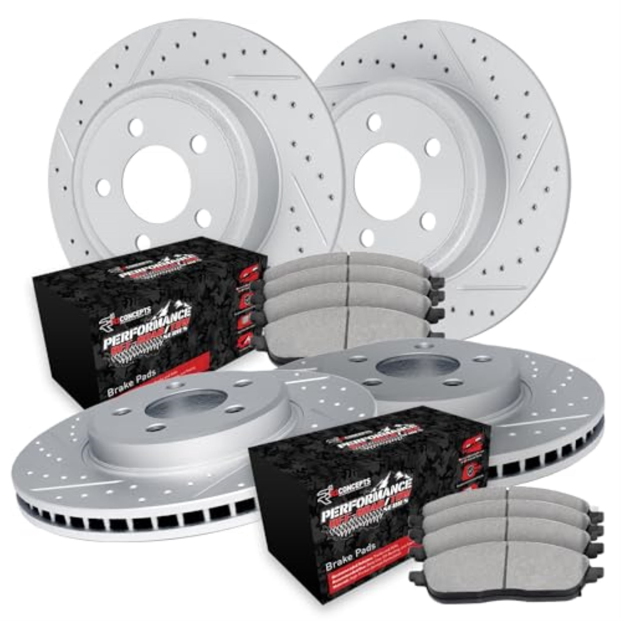 R1 Concepts Drilled and Slotted Carbon Coated Disc Brake Rotor Set with Off-Road/Tow Brake Pads WBVN2-42007