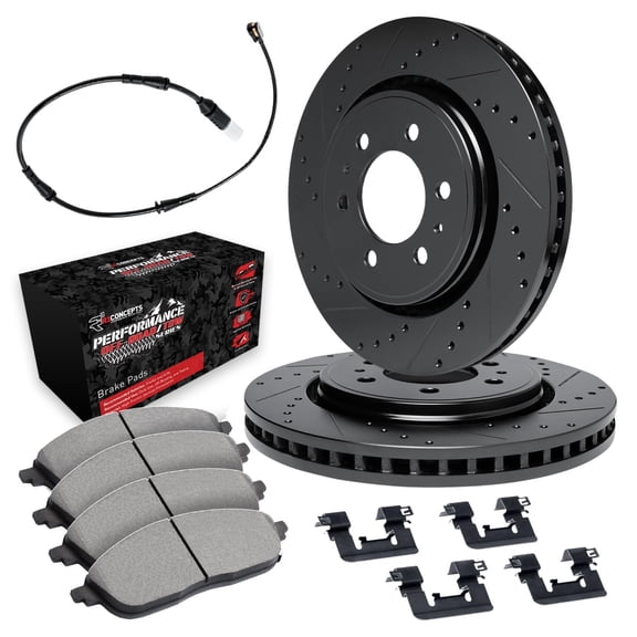 R1 Concepts Drilled and Slotted Black Disc Brake Rotor Set with Off-Road/Tow Brake Pads, Sensor, and Hardware WHVS1-47002