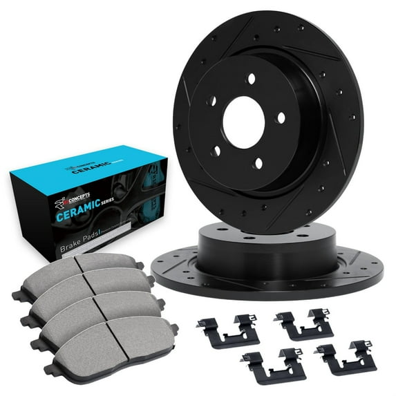 R1 Concepts Drilled and Slotted Black Disc Brake Rotor Set with Ceramic Pads and Hardware WHWH1-65012