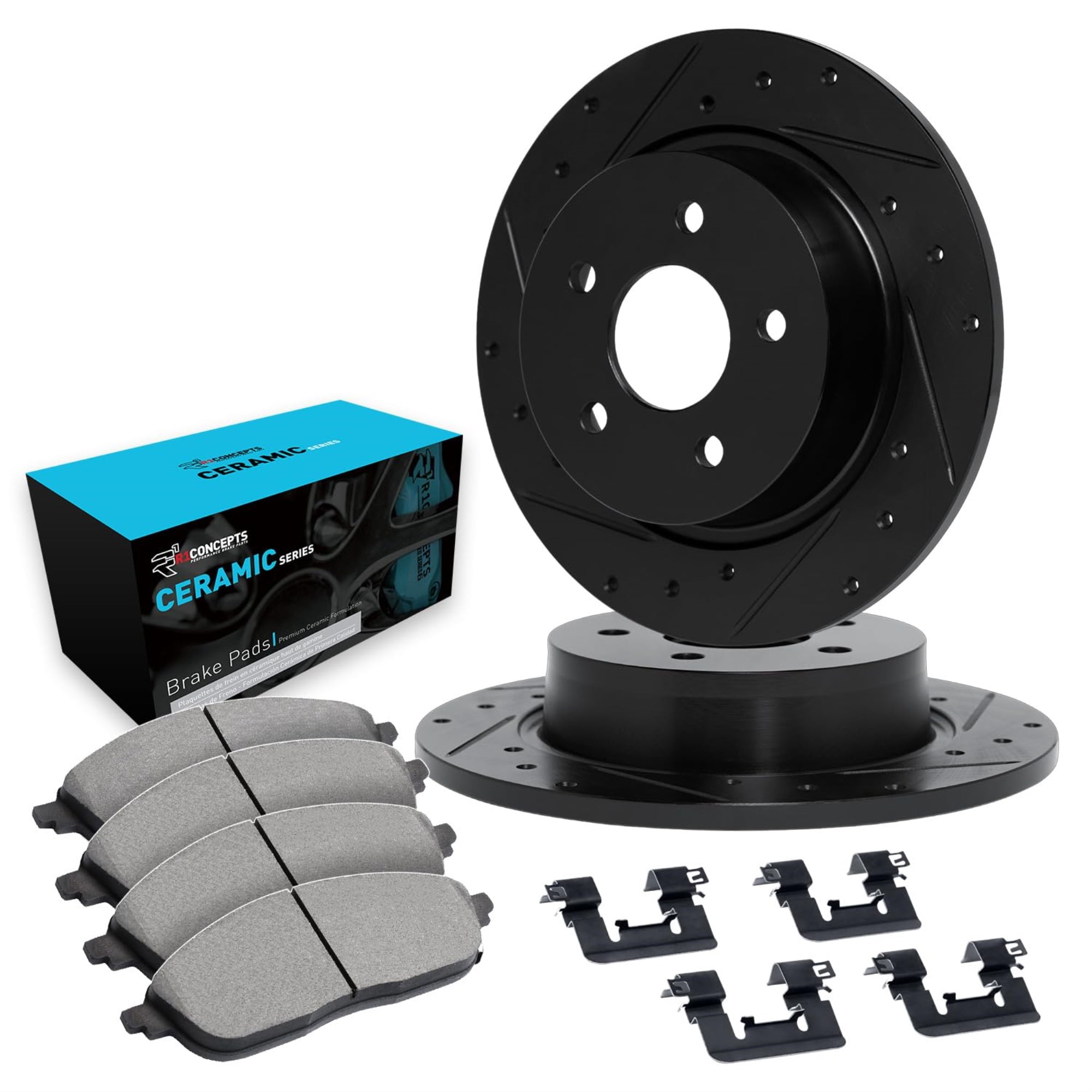 R1 Concepts Drilled and Slotted Black Disc Brake Rotor Set with Ceramic Pads and Hardware WHWH1-73017