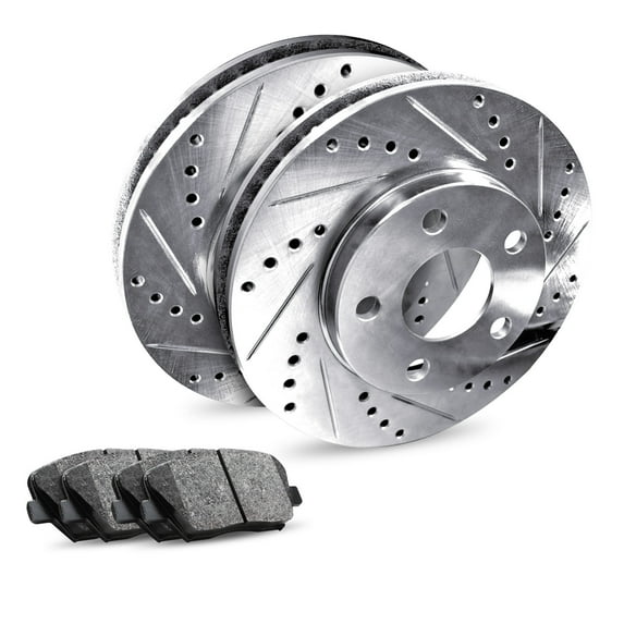 R1 Concepts Rear Brake Kit For 2003-2006 Mercedes-Benz SL500| Drilled Slotted Brake Rotors| Ceramic Brake Pads and Rotors Kit| Sensor included