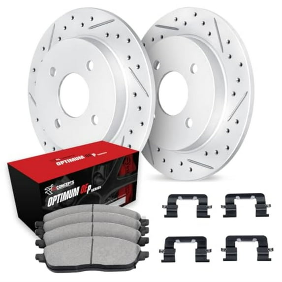 R1 Concepts Drilled and Slotted Carbon Coated Disc Brake Rotor Set with Optimum Oe Pads and Hardware WBUH1-03006