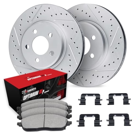 R1 Concepts Drilled and Slotted Carbon Coated Disc Brake Rotor Set with Optimum Oe Pads and Hardware WBUH1-21023