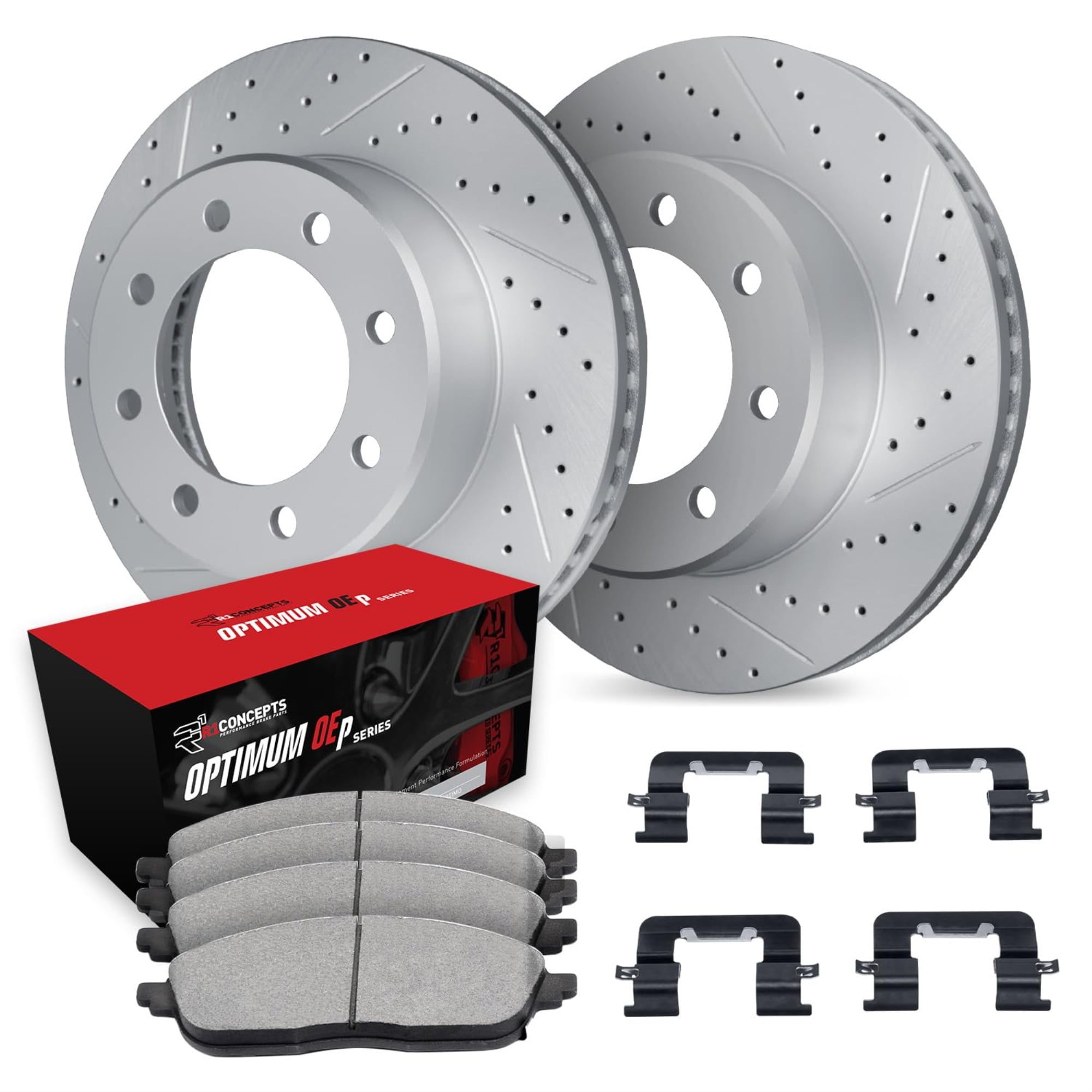R1 Concepts Drilled and Slotted Carbon Coated Disc Brake Rotor Set with Optimum Oe Pads and Hardware WBUH1-54136