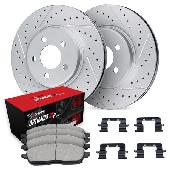R1 Concepts Drilled and Slotted Carbon Coated Disc Brake Rotor Set with Optimum Oe Pads and Hardware WBUH1-67099