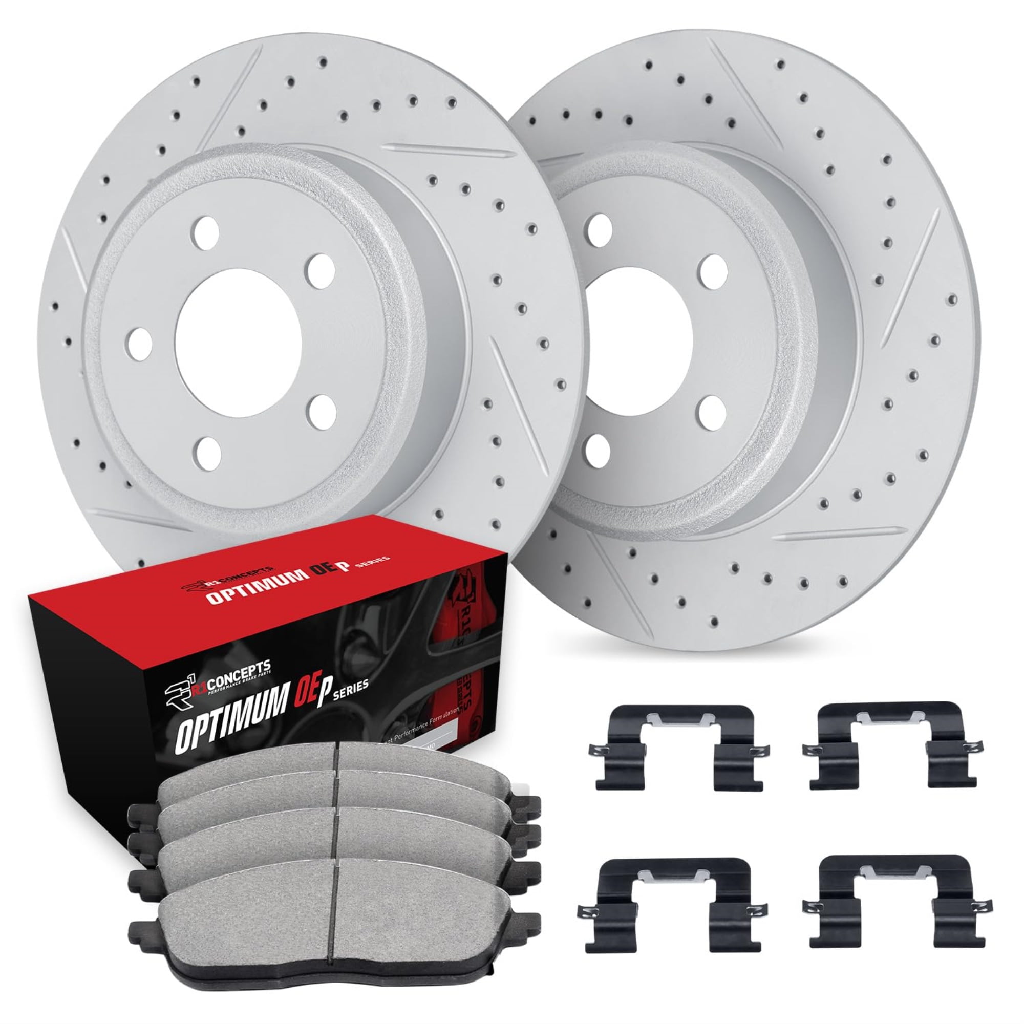 R1 Concepts Drilled and Slotted Carbon Coated Disc Brake Rotor Set with Optimum Oe Pads and Hardware WBUH1-76042