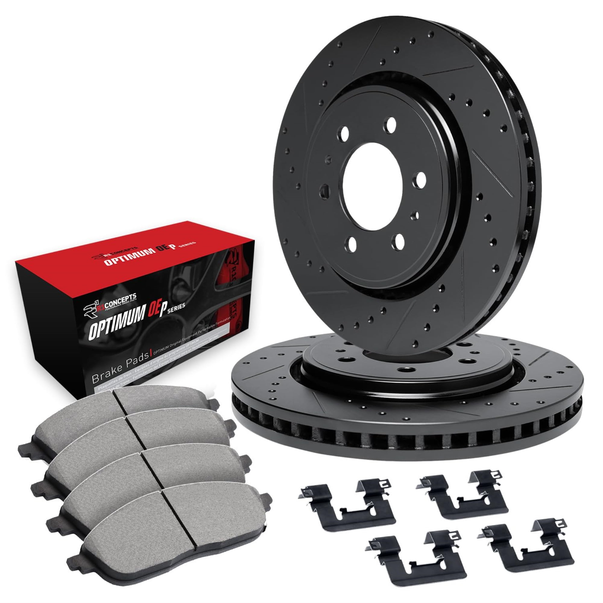R1 Concepts Drilled and Slotted Black Disc Brake Rotor Set with Optimum Oe Pads and Hardware WHUH1-54202
