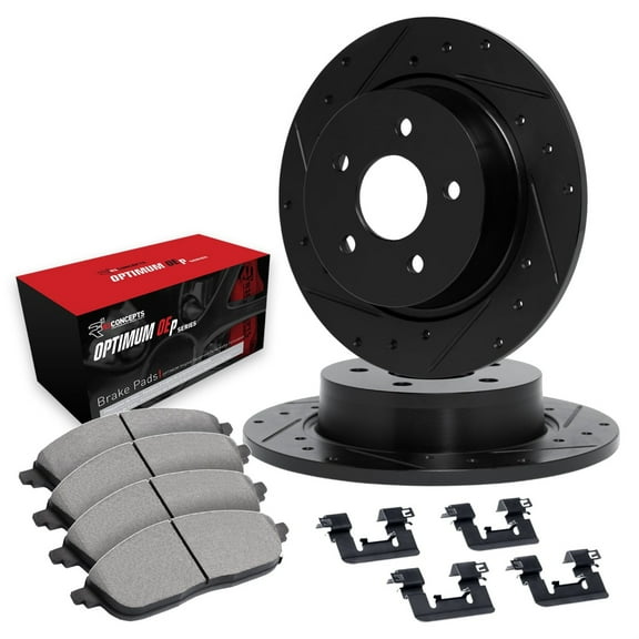 R1 Concepts Drilled and Slotted Black Disc Brake Rotor Set with Optimum Oe Pads and Hardware WHUH1-63062