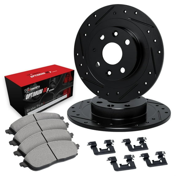 R1 Concepts Drilled and Slotted Black Disc Brake Rotor Set with Optimum Oe Pads and Hardware WHUH1-67034