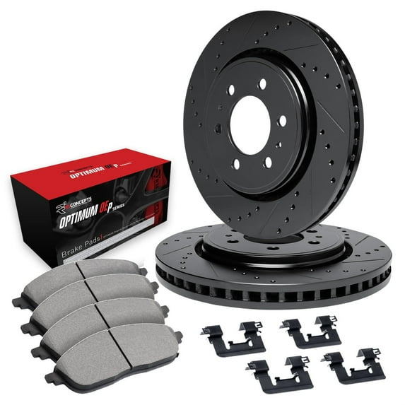 R1 Concepts Drilled and Slotted Black Disc Brake Rotor Set with Optimum Oe Pads and Hardware WHUH1-67123