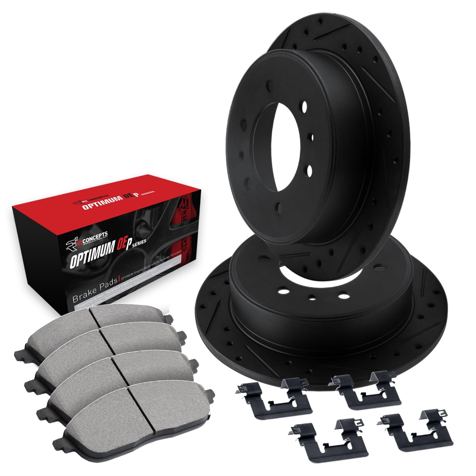 R1 Concepts Drilled and Slotted Black Disc Brake Rotor Set with Optimum Oe Pads and Hardware WHUH1-72056