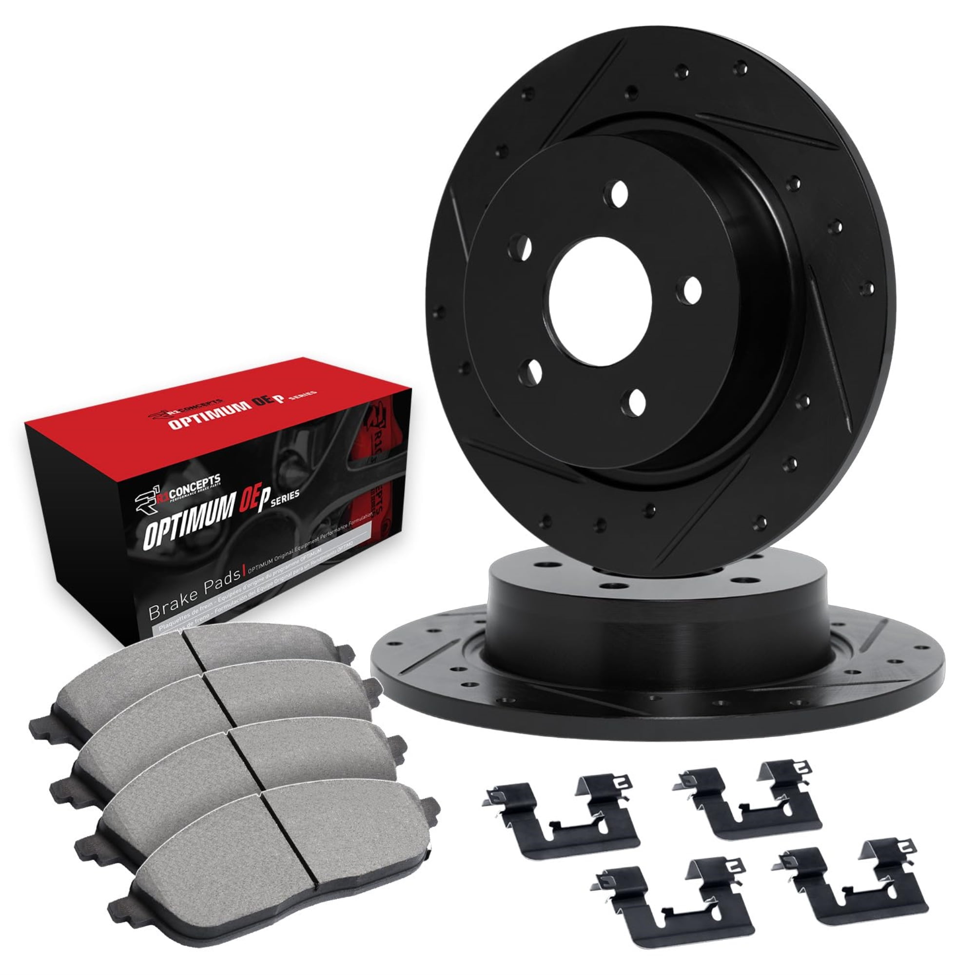 R1 Concepts Drilled and Slotted Black Disc Brake Rotor Set with Optimum Oe Pads and Hardware WHUH1-92016