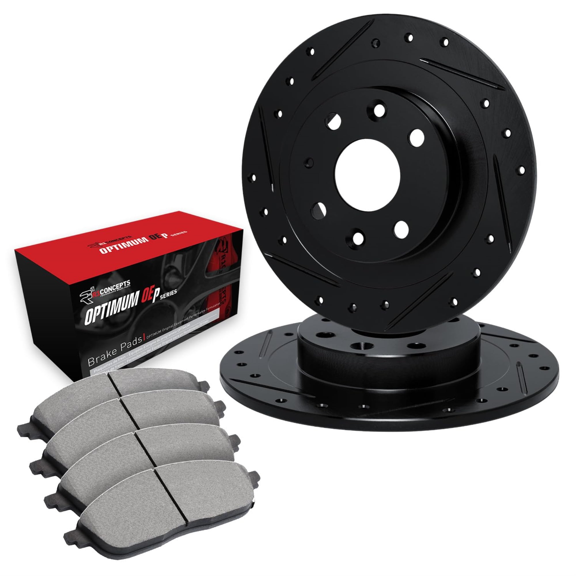 R1 Concepts Drilled and Slotted Black Disc Brake Rotor Set with Optimum Oe Pads WHUN1-20005