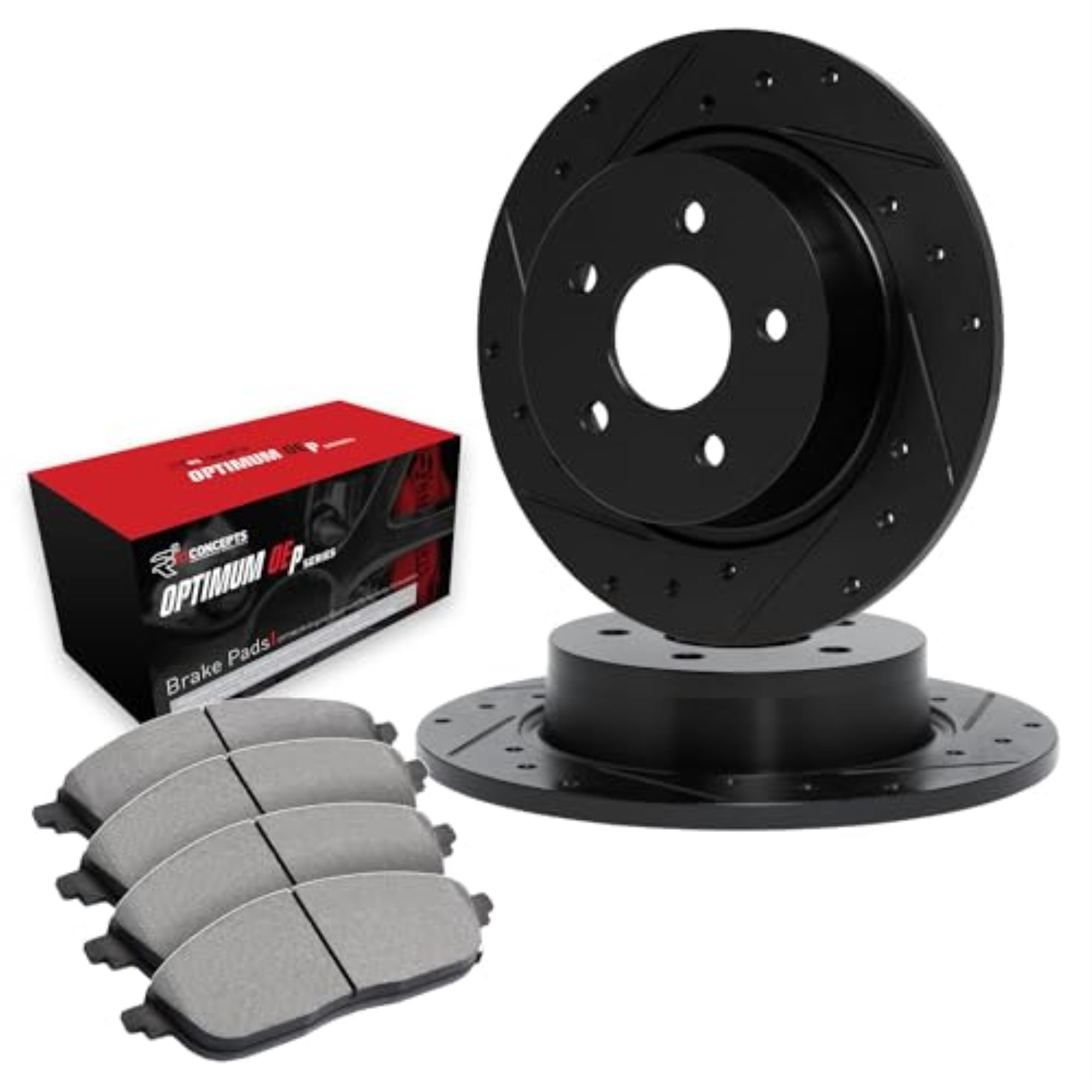 R1 Concepts Drilled and Slotted Black Disc Brake Rotor Set with Optimum Oe Pads WHUN1-74017
