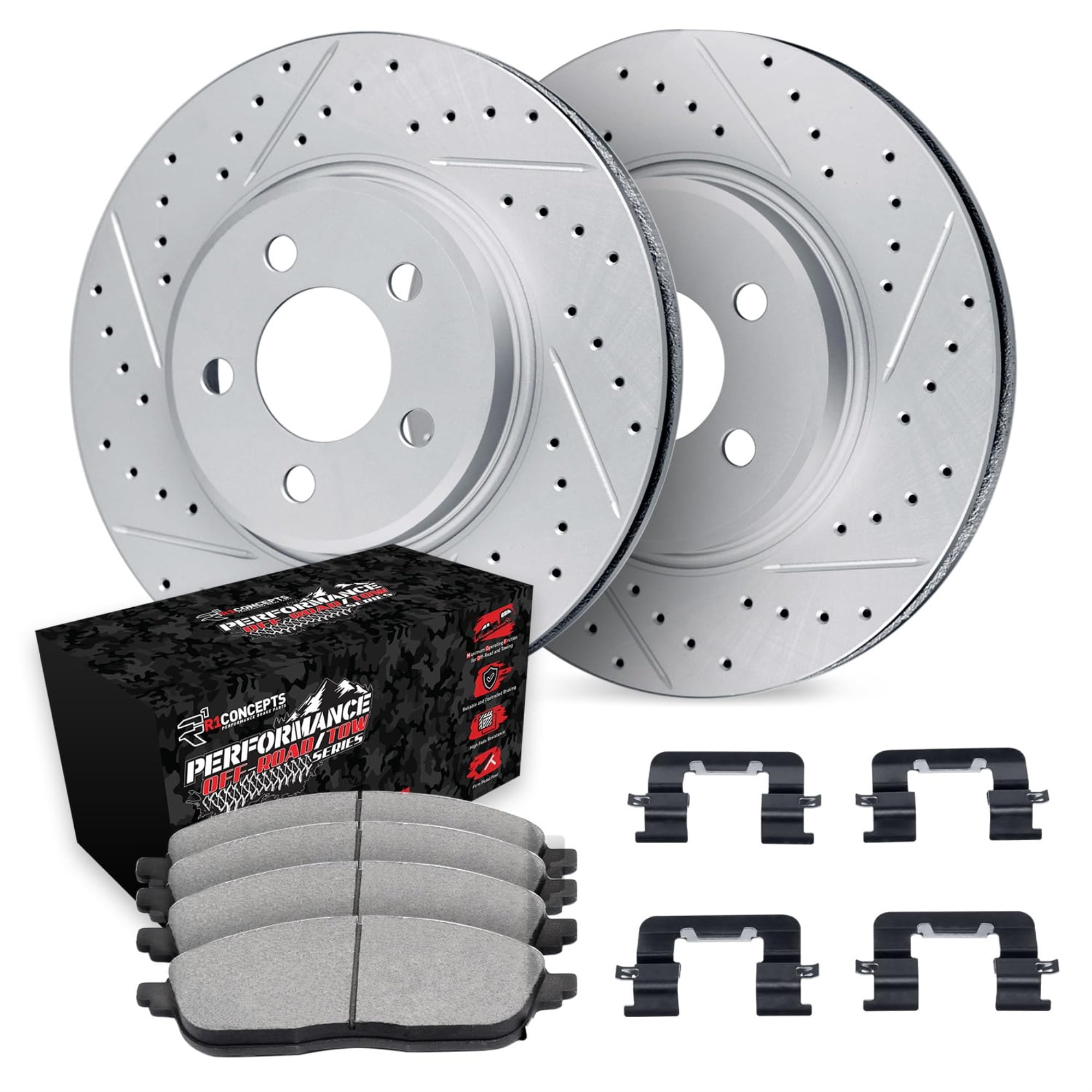 R1 Concepts Drilled and Slotted Carbon Coated Disc Brake Rotor Set with Off-Road/Tow Brake Pads and Hardware WBVH1-42011